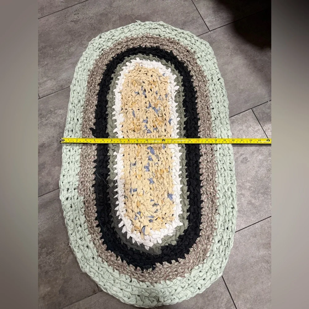 Handmade crocheted rug bathroom kitchen mat 20x34” oval repurposed recycled art